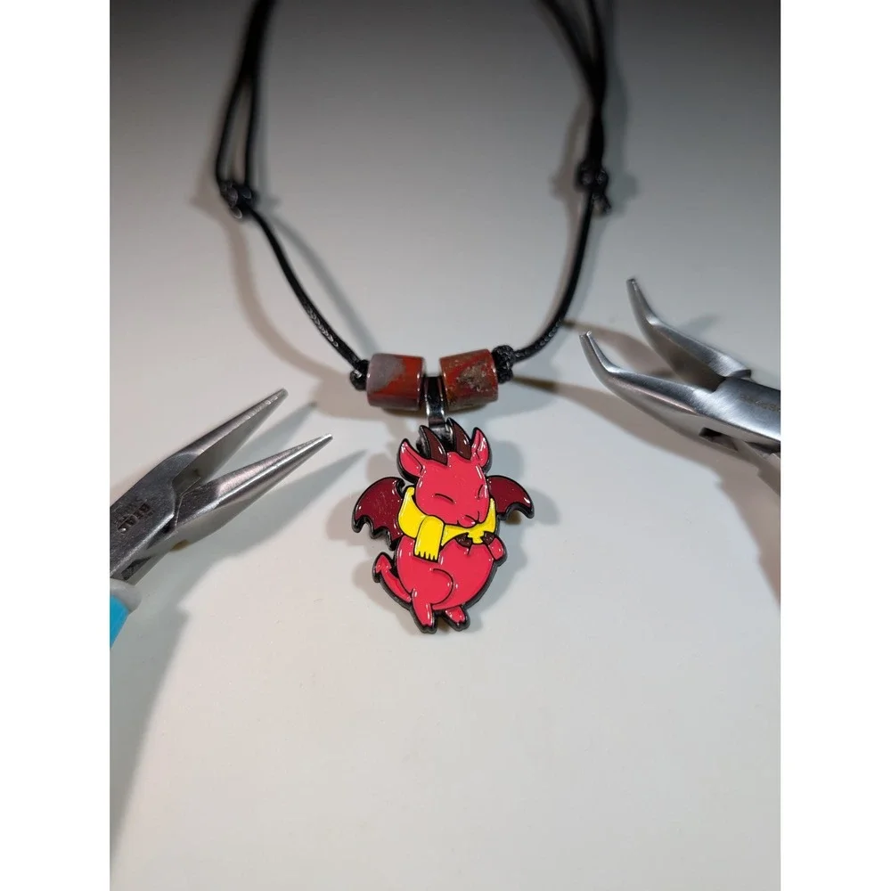 Handmade Red Dragon Enamel Pin Necklace Adjustable Cord Jasper Beads